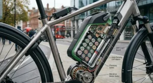 Close-up technical illustration of an ebike frame featuring a removable battery swap system.