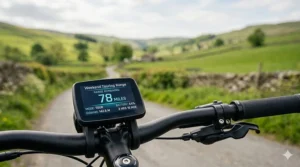 Alt text for image 2: A first-person view of a digital e-bike display showing the remaining range for weekend touring.