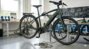 A close-up of a well-used bicycle chain on a mid-drive electric bike, showing wear from high torque.
