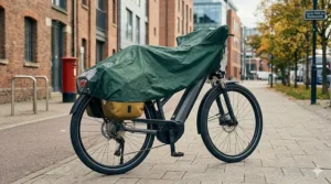 An electric commuter bike fitted with mudguards and a waterproof rain cover for UK weather.