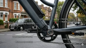Point-of-view shot showing the e-bike handlebar display screen with speed and battery status clearly visible.