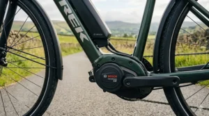 A close-up view of a high-performance electric bike motor and battery system designed for pedal-assist support.