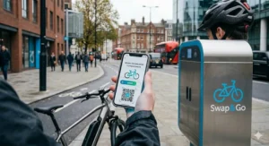 A delivery rider using a mobile app to unlock a compartment at an ebike battery swap point.
