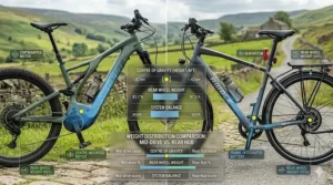 Schematic comparing the centre-of-gravity balance of mid-drive versus rear-hub electric bikes.