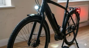 An electric bike fitted with bright LED lights and reflectors, providing essential safety for cycling in dark winter conditions.