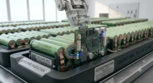 A 4K photorealistic macro illustration focusing on a high-precision manufacturing stage where an automated robotic gripper inserts a complex multi-pin connector into a densely component-filled production BMS board, populated with micro-scale components and integrated multi-coloured indicator lights. This process connects the board to a matrix of green premium-grade lithium-ion cells within a carbon-composite frame, showcasing the meticulous construction that directly influences cell cycle life.