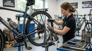 Mechanic performing routine maintenance on a rear hub electric bike wheel.