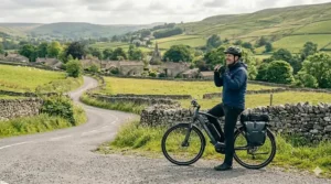 An e-bike parked safely outside a traditional British café, highlighting its suitability for weekend trips.