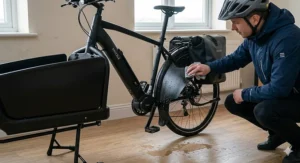 An electric cargo bike fitted with full-length mudguards to protect the rider and cargo from winter road spray.