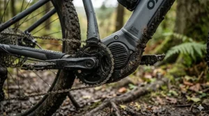 Close-up of a powerful mid-drive motor on an electric XC mountain bike.