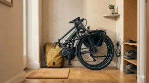 Compact folding electric bike neatly stored in a small urban flat hallway.
