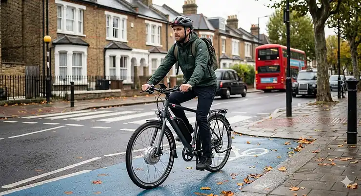 A side-view profile of a sleek front-wheel drive electric bike designed for commuting on British city sfront wheel drive electric biketreets.