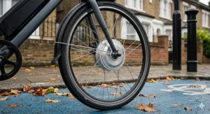 Close-up view of the brushless motor integrated into the front wheel hub of an e-bike.