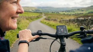 An e-bike cockpit display showing real-time heart rate and speed metrics during a countryside ride.