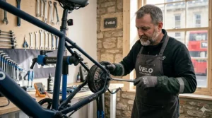 A mechanic performing routine maintenance on a simple and reliable electric bike hub motor.
