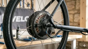 Technical diagram showing a brushless hub motor integrated into the centre of an ebike wheel.