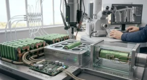 A high-detail photorealistic illustration capturing a specialised, ultra-precise battery cell degradation analysis within an advanced clean-room laboratory. A multi-chamber rig holds green-sleeved lithium-ion cell test samples, connected to an exposed BMS test board with miniature indicators. A robotic arm and micro-fluidic system handle cells while a person in the background operates a scanning electron microscope showing magnified cross-sections, representing a comparison of high-grade vs low-grade cell degradation.