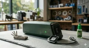 Close-up of an e-bike battery with the charging port cover open, showing the connector ready for a quick 2-hour charge.