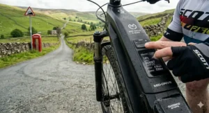 Integrated e-bike battery, showcasing capacity for sustained climbing on long rides.