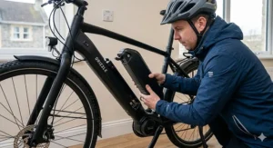 A cyclist removing an electric bike battery to store it indoors, ensuring optimal performance during cold weather.