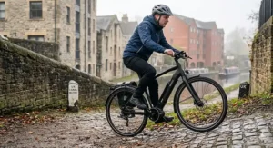 A powerful mid-drive electric bike climbing a steep, wet hill, demonstrating reliable motor performance in challenging winter weather.