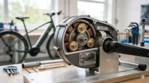 A close-up of a mid-drive electric bike motor mounted on the bottom bracket.
