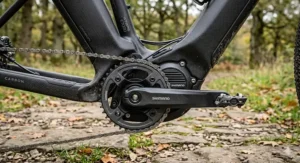 A close-up view of the mid-drive motor integration on a high-performance carbon fibre ebike.