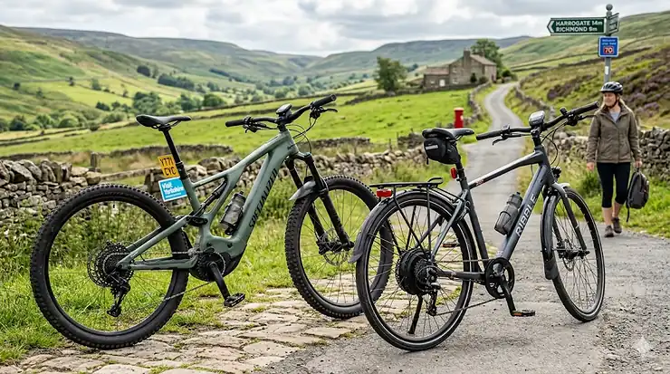 Side-by-side comparison of a rear hub electric bike motor and a crank-mounted mid-drive system. rear wheel motor vs mid drive