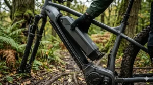 User removing the integrated battery from an electric XC bike for charging.