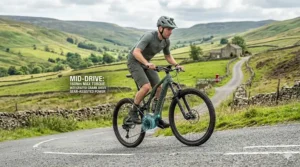 A cyclist riding a mid-drive electric bike uphill, demonstrating better gear-assisted torque.