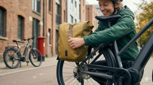 A happy commuter cycling to the office, participating in the Cycle to Work scheme.