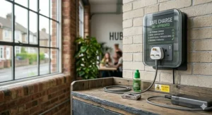 A UK-approved safe charging station setup, featuring a 3-pin plug and clear safety guidance for e-bike users.