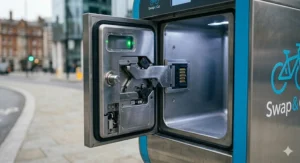 Close-up of a secure locking mechanism used in a public ebike battery swap station.
