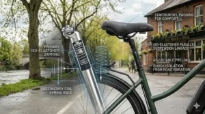 A technical schematic of an advanced suspension seatpost, detailing how the internal springs absorb road vibration to protect the rider’s back and joints.