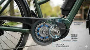 A photorealistic close-up of an ebike motor housing, with a transparent cutaway showing the precise internal sensors that measure pedalling torque to reduce knee strain.