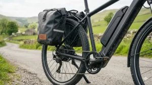 Alt text for image 3: Side view of a touring e-bike frame with a mounted battery and heavy-duty pannier bags.