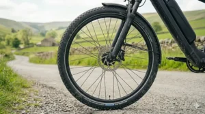 Alt text for image 5: Detailed view of a touring e-bike's front tyre and disc brake system on a country lane.