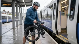 A photorealistic illustration of a rider lifting a folded 250W electric folding bike onto a modern UK commuter train, demonstrating easy portability for multi-modal travel.