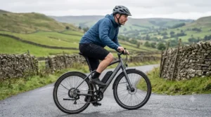 A high-detail photorealistic illustration of a rider ascending a steep, wet rural hill in the UK, demonstrating the torque performance of the 250W e-bike motor on challenging terrain.