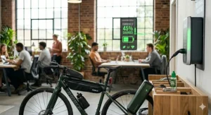 An e-bike charging in an office, with an overlaid digital graphic displaying a 45% charge status achieved during a 2-hour window.