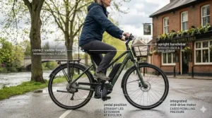 A detailed side profile of a rider on the Raleigh ebike, with technical overlays indicating the ergonomic, upright riding geometry that minimises knee flexion.
