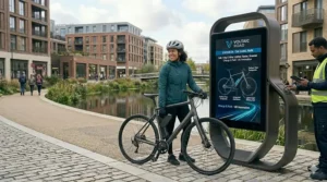 A stylish rider on a sub 15kg electric bike cycling past iconic British city landmarks.