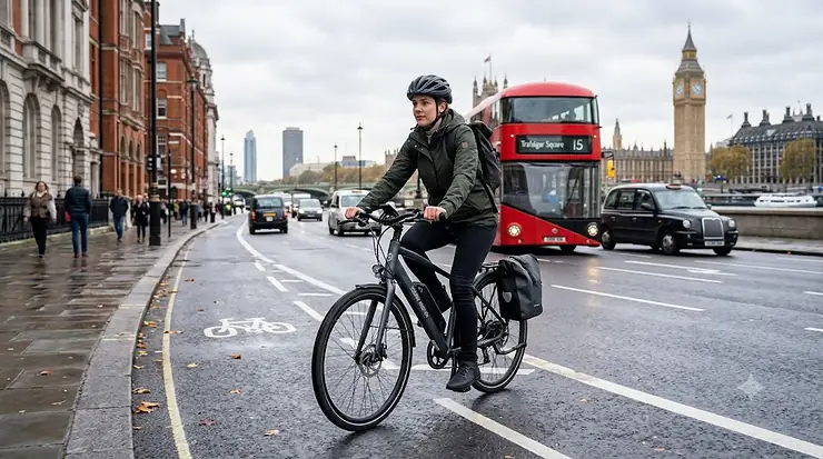 A woman riding a modern electric bike with an integrated battery in a London cycle lane. 250w motor ebike