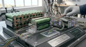 A 4K photorealistic illustration capturing a detailed electric bike battery cell testing sequence on an intricate R&D test bench. Probes are clamped to a single green premium-grade lithium-ion cell and its advanced BMS, monitoring performance, while an adjacent cluster of cells with multi-coloured indicator patterns represents comparative data analysis for potential wear and degradation signs, like capacity loss.