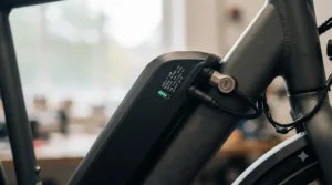 Close-up of a 36v lithium battery pack on an electric bike, highlighting efficient energy output.