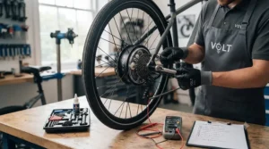 Technician performing routine maintenance on a 36v electric bike drive system.