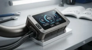 The handlebars and digital display of a 48v ebike, showing battery levels and speed settings.