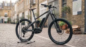 A rugged 48v electric mountain bike on a forest trail, highlighting performance from leading ebike brands.