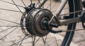 A detailed view of a 48v electric bike hub motor, highlighting the technical engineering of ebike components.