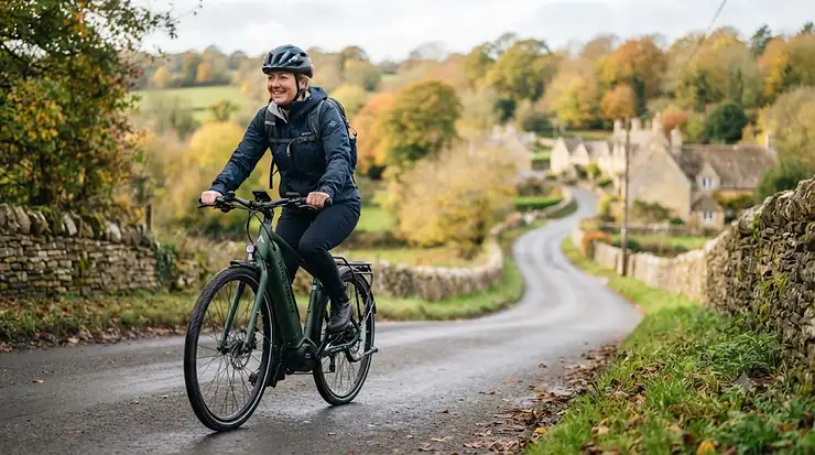 A woman riding a mountain e-bike up a steep hill, demonstrating the power of a 48v system electric bike torque setup. 48v system electric bike torque